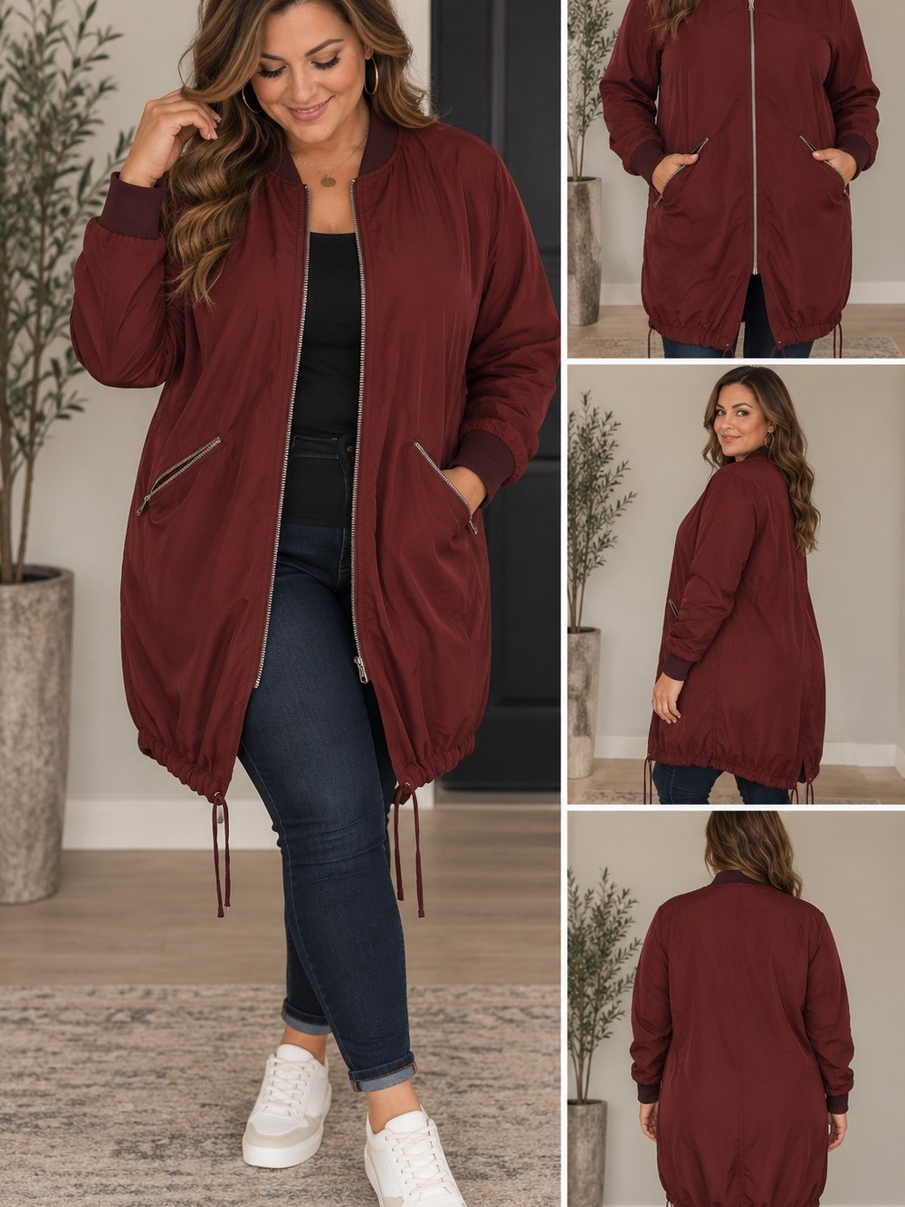 Le Lis Wine Red Long Bomber Jacket